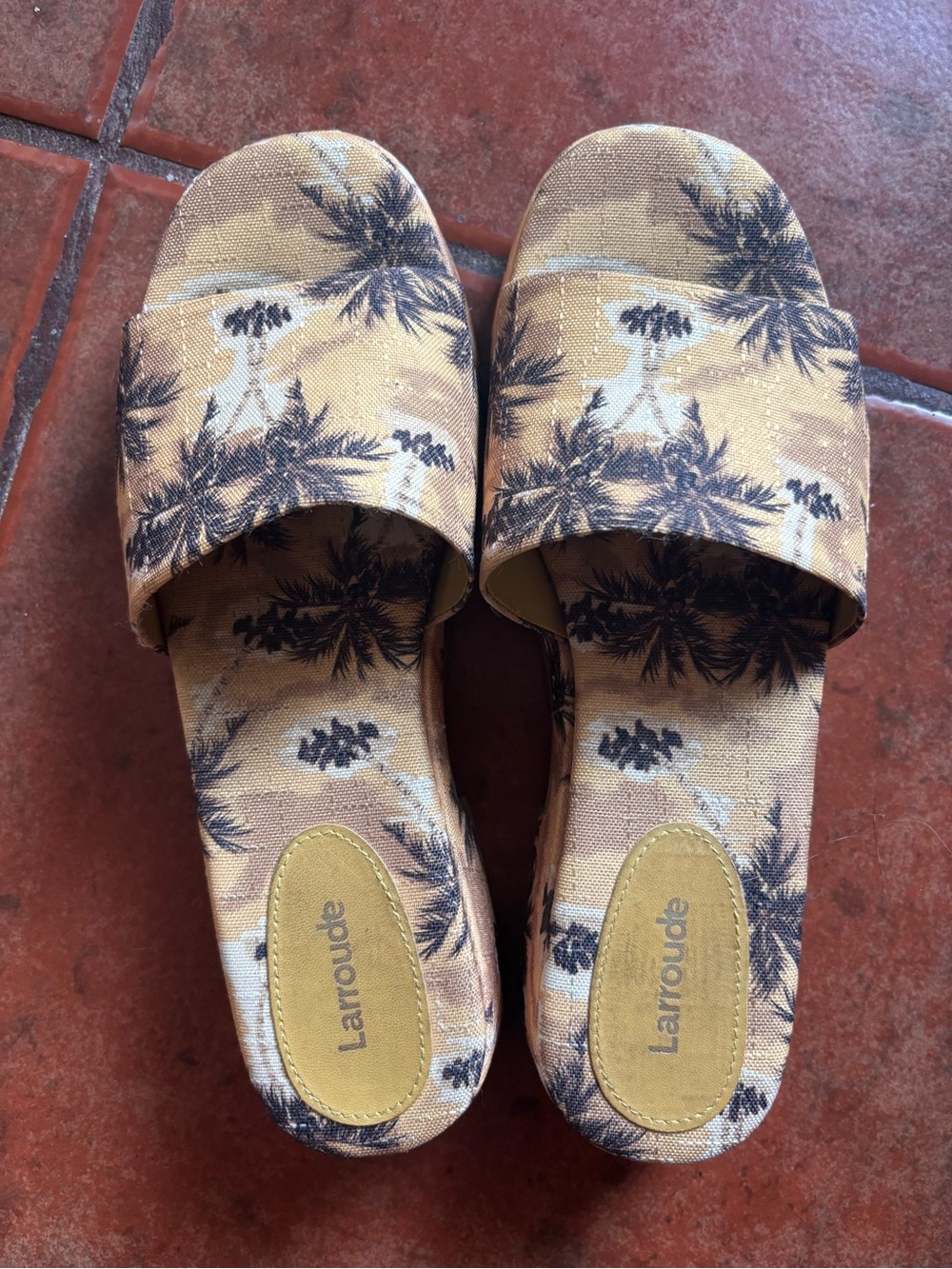Larroude Tan and Black Palm-Print Slide Sandals